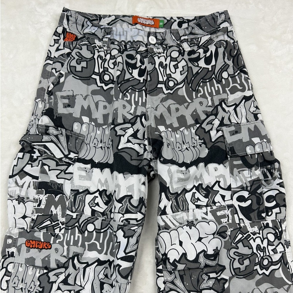 Empyre Cargo Pants Mens 30 Grey Graffiti Print Relaxed Fit Streetwear Skateboard